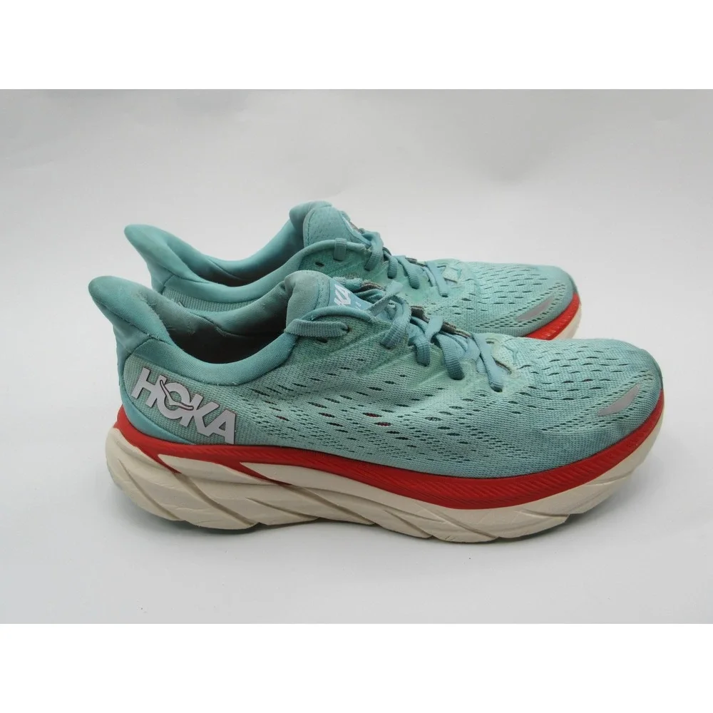 HOKA Clifton 8 Shoes Womens‎ Size 8 Blue Teal Red Running Cushioned 1119394 AEBL